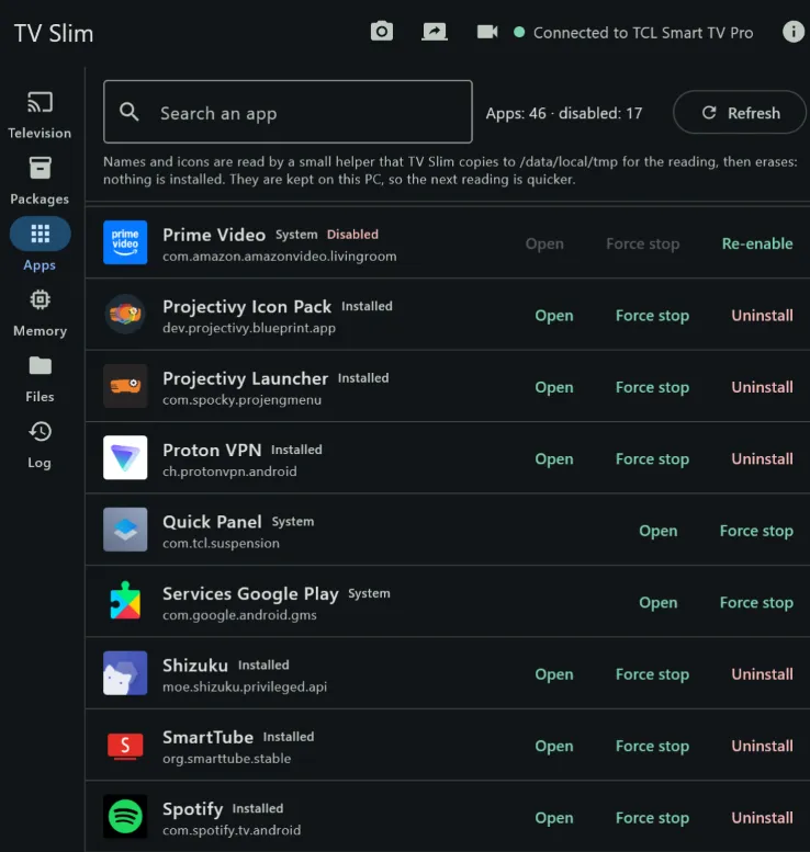 The Apps tab: Prime Video disabled, Projectivy, SmartTube and Spotify installed, with Open, Force stop and Uninstall