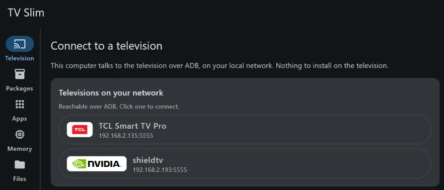 TV Slim finds a TCL Smart TV Pro and an NVIDIA Shield on the local network