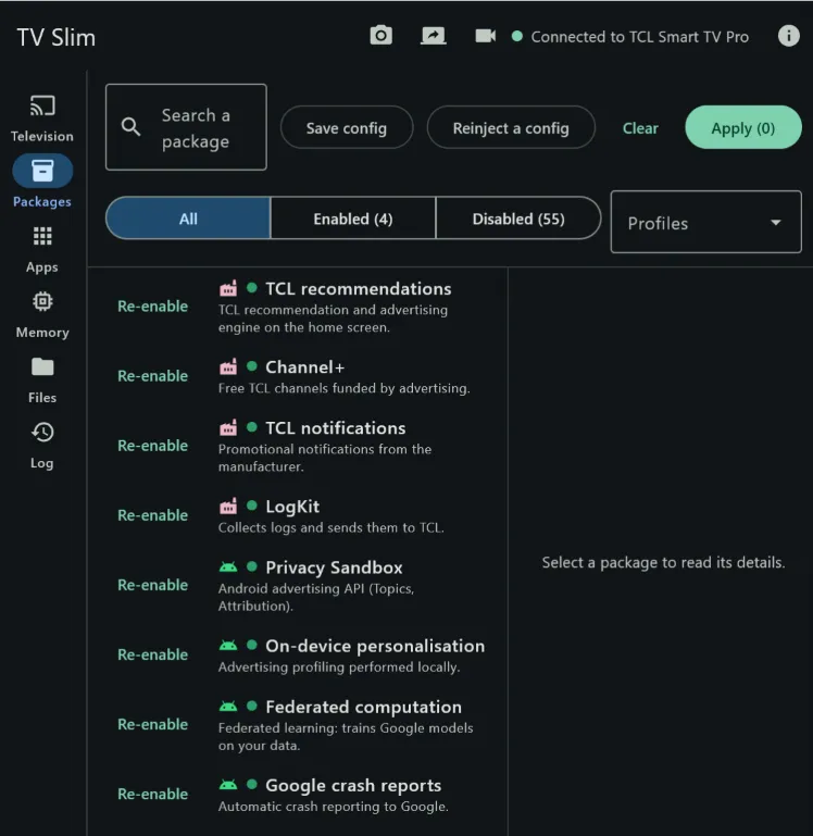 The Packages tab: TCL recommendations, Channel+, Privacy Sandbox and Google telemetry disabled, each one with a Re-enable button